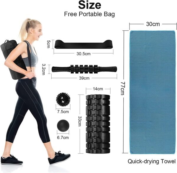 6 in 1 Foam Roller Set Includes Hollow Core Massage Roller, Yoga Stick, Massage Ball, Fitness Stretching Strap, Carrying Bag, Towel, Massage Roller (Black) - Image 3
