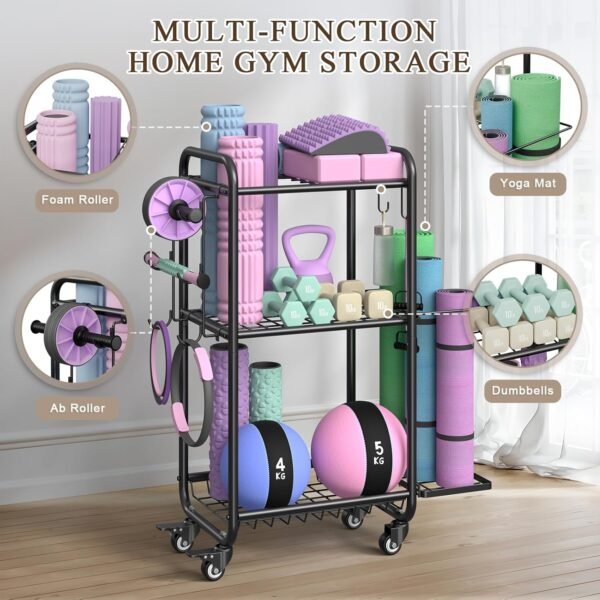 Weight Rack for Home Gym, All in One Yoga Mat Storage Rack, Workout Equipment Storage with Wheels and Hooks for Dumbbells Kettlebells Foam Rollers, Powder Coated Finish Steel - Image 5
