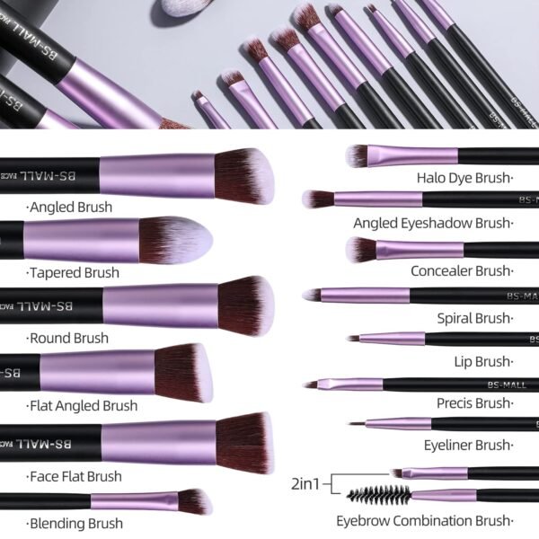 BS-MALL Makeup Brushes Premium Synthetic Foundation Powder Concealers Eye Shadows 14 Pcs Purple - Image 5