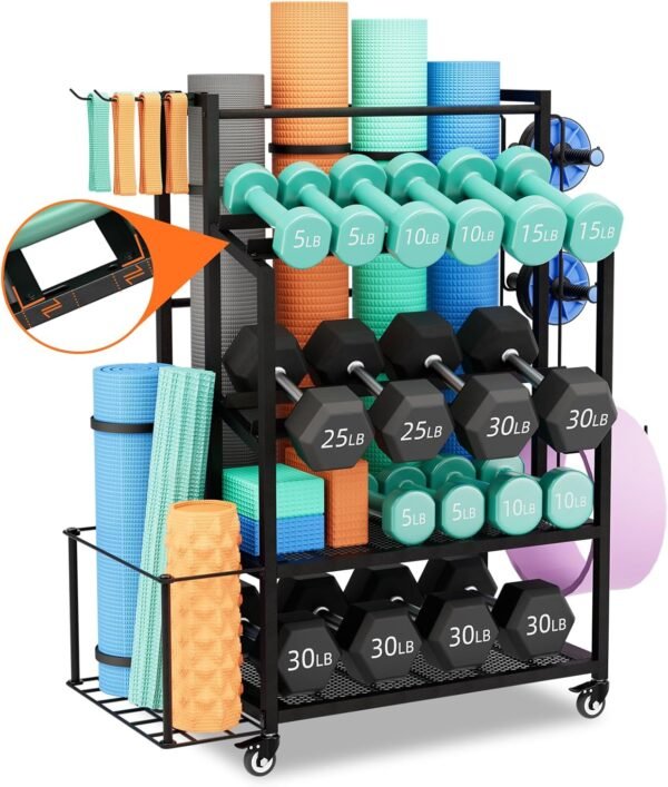 Bonvork 600LBS Dumbbell Rack Weight Stand Heavy Duty Adjustable Weight Rack for Dumbbells, Home Gym Storage for Yoga Mat, Foam Roller, Kettlebells, Workout Equipment Storage Organizer with Wheels - Image 2