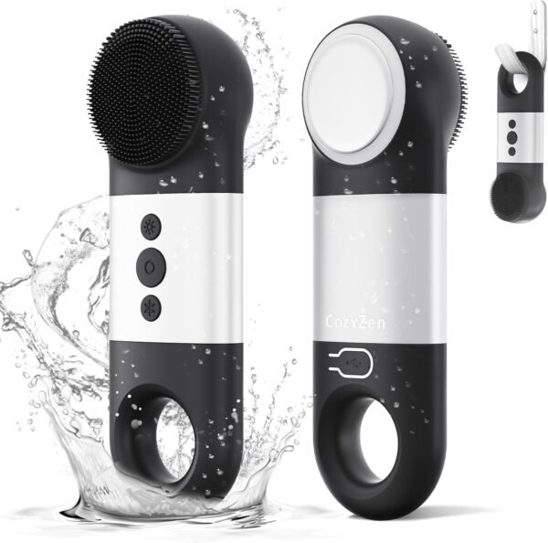 Facial Cleansing Brush, IPX7 Waterproof and Rechargeable Silicone Face Scrubber, Heat & Cold Massage for Men & Women (Black) - Image 2