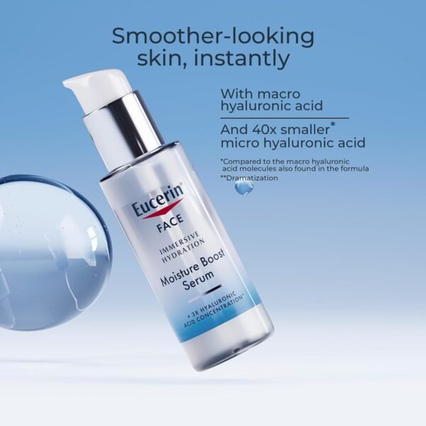 Eucerin Face Immersive Hydration Moisture Boost Face Serum, Ultra-Lightweight Hyaluronic Acid Serum Smooths Fine Lines and Wrinkles, 1 Fl Oz Bottle - Image 7