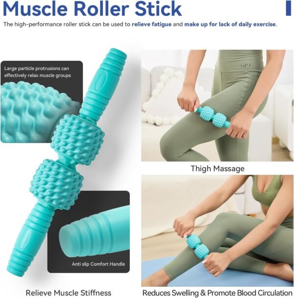 5 in 1 Foam Roller Set - Massage Roller & Stick, Ball, Resistance Band for Deep Tissue Massage (Green) - Image 4