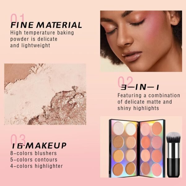 16 Colors Blush Contour Highlighter Makeup Palette, All-in-One Shimmer Silky Matte Mineral Blush Powder Palette, Face Sculpting Bronzer Blusher Illuminator Palette for a Natural Glowing - Image 7
