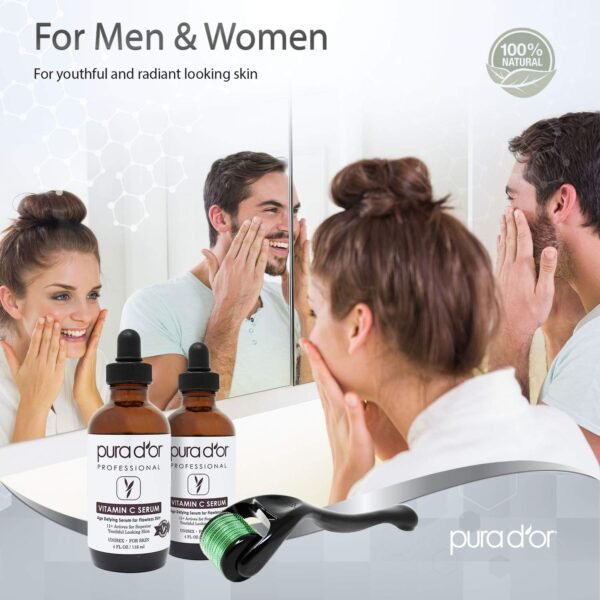 PURA D'OR 25% Vitamin C Serum 4 Oz + 0.25mm Derma Roller Set - Hyaluronic Acid & Retinol Microdermabrasion Skin Care Cosmetic Kit For Face & Eyes, Dark Spots - For Men & Women - Image 4