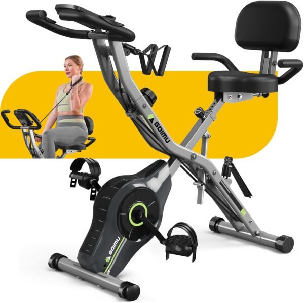 Exercise Bike, 5 in 1 Foldable Stationary Bike for Seniors, 8-Level Adjustable Magentic Resistance, Indoor Recumbent Bike with 330LB Capacity, Comfortable Seat Backrest - Image 2
