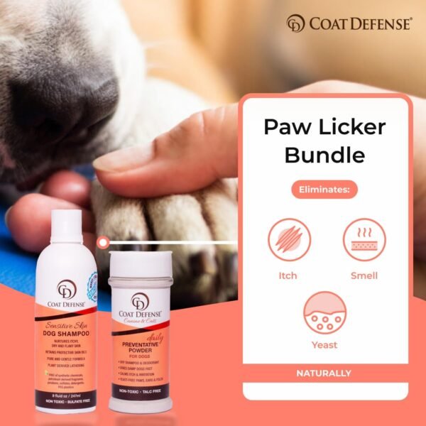 COAT DEFENSE Paw Licker Bundle | Dry Powder for Dogs & Sensitive Skin Dog Shampoo for Allergies and Itching | Smell & Itch Relief | Itchy Skin Relief & Yeast Dog Treatment - Image 3