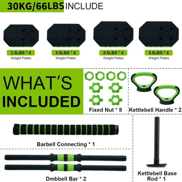 Adjustable Dumbbell Set, 4 in 1 Adjustable Kettlebell Set,44lbs/66lbs/88lbs Weight Set Used as Kettlebells, Barbell, Push up Stand for Home Gym,Green and Black,Octagon Head - Image 3
