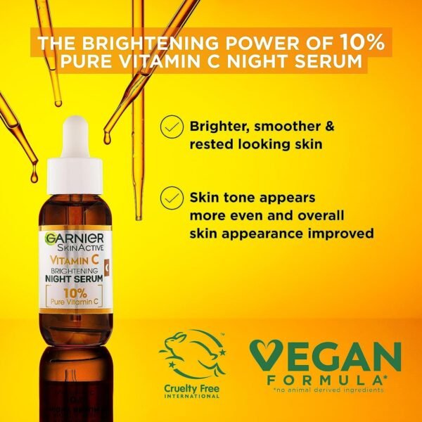 Garnier Targeted Anti Dark Spot Night Serum for Face, with 10% Pure Vitamin C & Hyaluronic Acid, Anti Pigmentation & Dullness, For All Skin Types, Approved by Cruelty Free International, Vegan, 30 ml - Image 5
