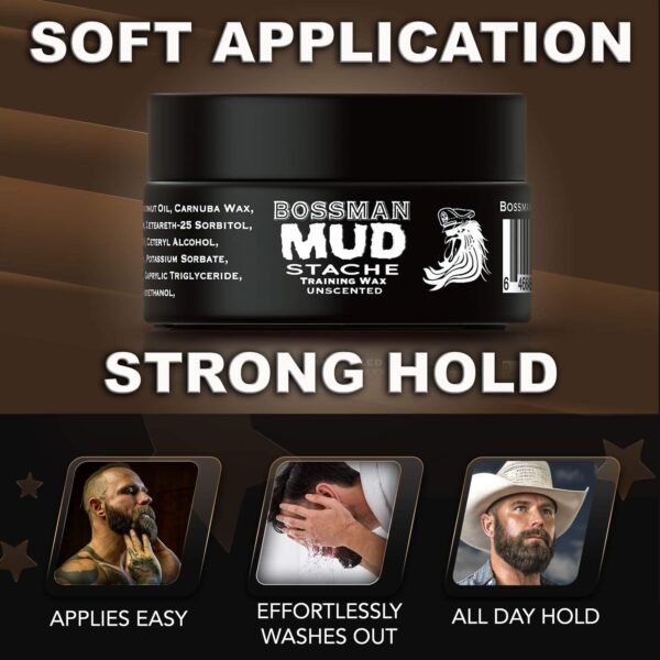 Bossman MUDstache Unscented Mustache Wax for Men & Acetate Folding Comb - Styling and Grooming Combo - Image 8