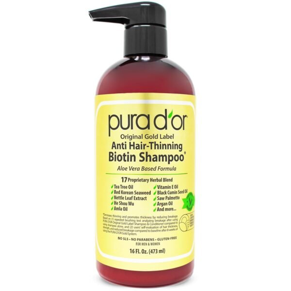 PURA D'OR 16 Oz Original Gold Label Anti-Thinning Biotin Shampoo Natural Earthy Scent, CLINICALLY TESTED Effective Results, Herbal DHT Blocker Hair Thickening Products, Women & Men, Color Treated Hair - Image 2