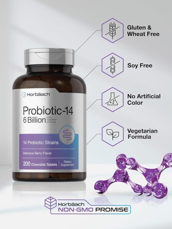 Horbäach Probiotics 6 Billion CFUs | 200 Chewable Tablets | Berry Flavor | 14 Probiotic Strains | Vegetarian, Non-GMO & Gluten Free Supplement for Men & Women - Image 6