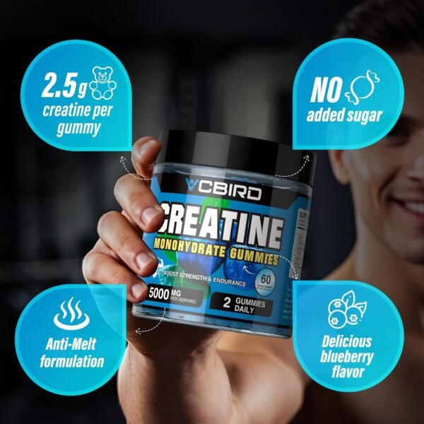 Creatine Monohydrate Gummies 5g Per Serving, No Sugar Creatine Supplements Support for Strength, Performance, Energy, Recovery, Gluten-Free Creatine for Women and Men, Blueberry Flavor (60 Gummies) - Image 3