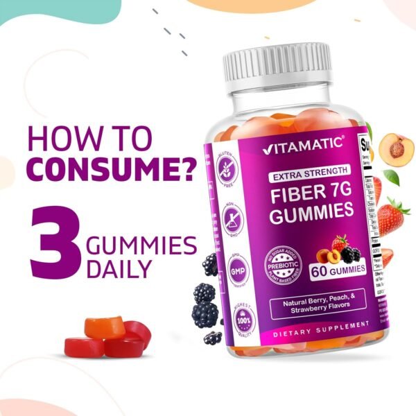 Vitamatic 2 Pack Prebiotic Fiber Gummies for Adults - 7G Fiber Extra Strength - Zero Sugar Added - 60 Pectin Based Gummies - Digestive Health & Regularity Support, (Total 120 Count) - Image 6