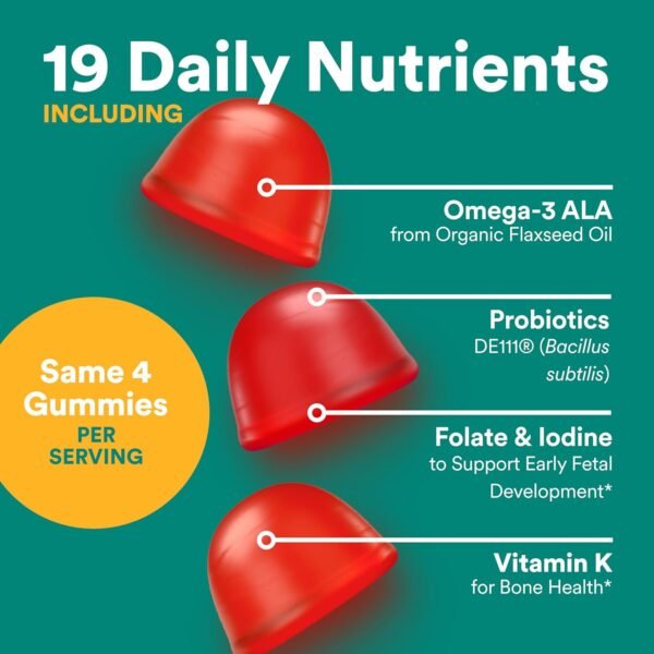 SmartyPants Organic Prenatal Vitamins for Women, Multivitamin Gummies: Probiotics, Biotin, Methylfolate, Omega 3 (ALA), Vitamin D3, C, Vitamin B12, B6, A, K2 & Zinc, Choline, 120 Count (30 Day Supply) - Image 5