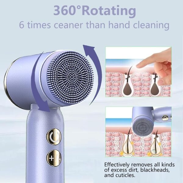 Facial Cleansing Brush, 6 in 1 Electric Face Scrubber with 6 Brush Heads and 3 Spin Speeds for Deep Cleansing, Waterproof Rechargeable Face Brushes for Dry Oily Sensitive Skin (Purple) - Image 6
