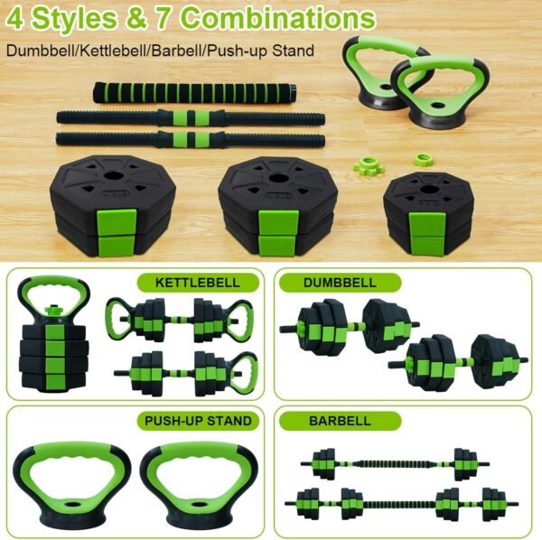 Adjustable Dumbbell Set, 4 in 1 Adjustable Kettlebell Set,44lbs/66lbs/88lbs Weight Set Used as Kettlebells, Barbell, Push up Stand for Home Gym,Green and Black,Octagon Head - Image 6