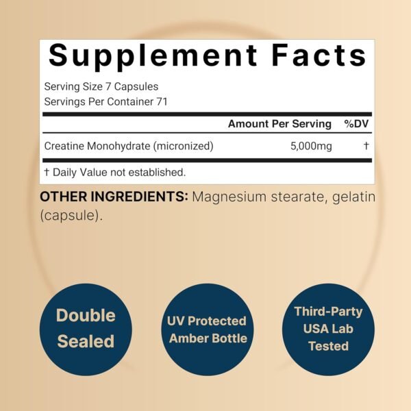 Creatine Monohydrate 5,000mg Per Serving, 500 Capsules | Micronized – Unflavored Creatine Pills – Support Pre Workout & Healthy Muscle – Easily Absorbed, Easy to Swallow (71 Servings) - Image 3