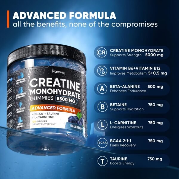 Creatine Monohydrate Gummies 8500mg Complex for Men & Women, Preworkout Gummy with L-Carnitine, BCAA, Taurine for Muscle Growth, Strength & Energy Support, Sugar Free, Vegan,Blueberry Flavor,120 Count - Image 5