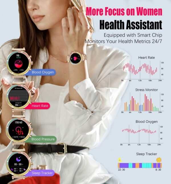 Fitness Smart Watch for Women, 1.27" HD Display, Bluetooth Calls, Waterproof Sports Women's Smartwatch, Heart Rate Monitor, Pedometer – Compatible with Android & iOS (Full Gold) - Image 6