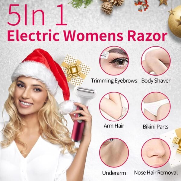 Electric Razor for Women,5 in 1 Womens Shaver Electric Bikini Trimmer Pubic Hair Removal Wet & Dry Painless Shaver for Legs Underarms Eyebrow Face Nose and Bikini Line Razor (Red) - Image 3