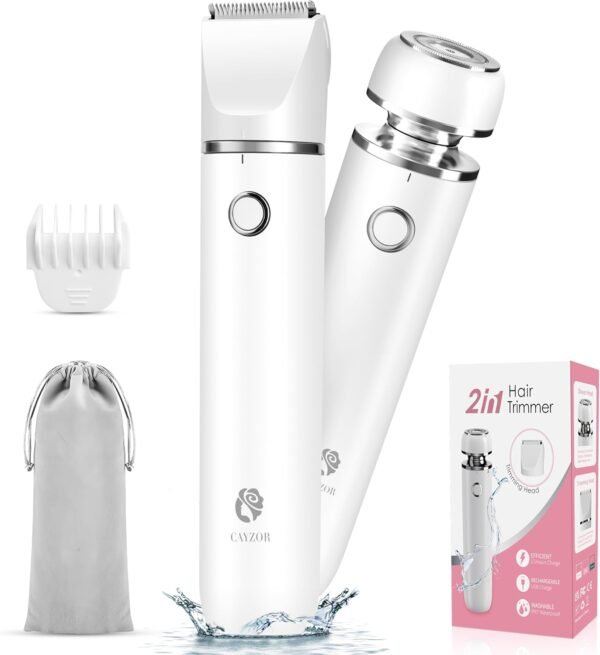 Bikini Trimmer and Shaver Kit for Women - 2-in-1 Wet/Dry Electric Body Hair Trimmer Facial Hair Removal Cordless Waterproof Bikini Shaver Razor for Face Lip Chin Pubic Underarm Legs (White) - Image 2