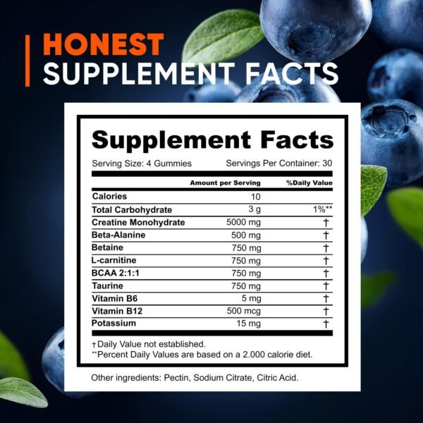 Creatine Monohydrate Gummies 8500mg Complex for Men & Women, Preworkout Gummy with L-Carnitine, BCAA, Taurine for Muscle Growth, Strength & Energy Support, Sugar Free, Vegan,Blueberry Flavor,120 Count - Image 8