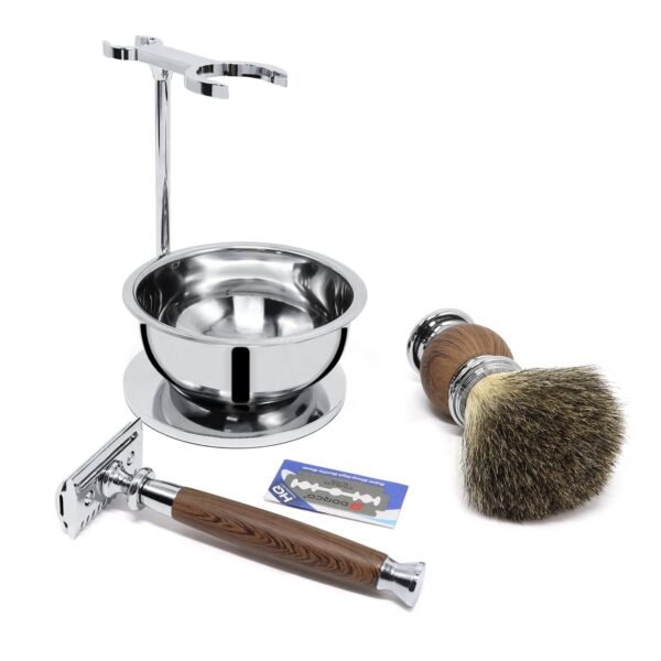 Jolitac Wet Shaving Kit For Men - Badger Hair Shaving Brush, Shaving Stand, Stainless Steel Shaving Bowl Mug, Double Edge Safety Razor, Men's Safety Razor Grooming Gift Set (Wood) - Image 8