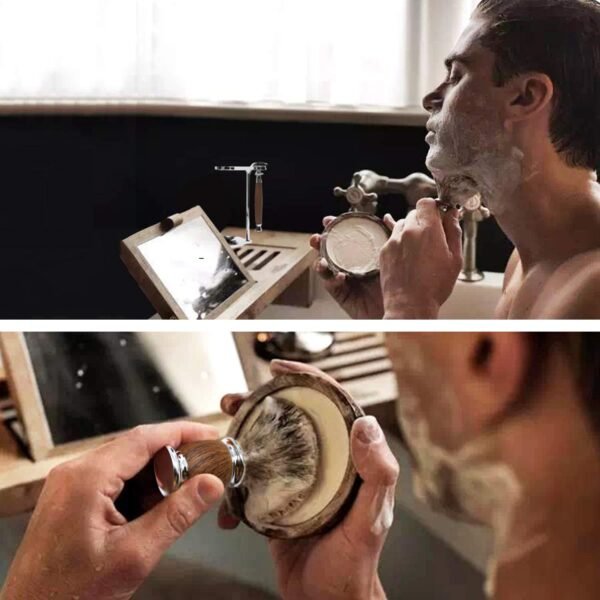 Jolitac Wet Shaving Kit For Men - Badger Hair Shaving Brush, Shaving Stand, Stainless Steel Shaving Bowl Mug, Double Edge Safety Razor, Men's Safety Razor Grooming Gift Set (Wood) - Image 4