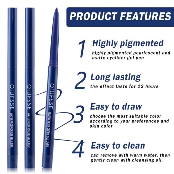 3PCS Blue Eyeliner Pencil Waterproof Eyeliner Pen Retractable Colorful Eyeliner Easy to Use Eyeliner Pen for Women,Pro Delineador De Ojos A Prueba de Agua（Dark Blue Shine） - Image 4