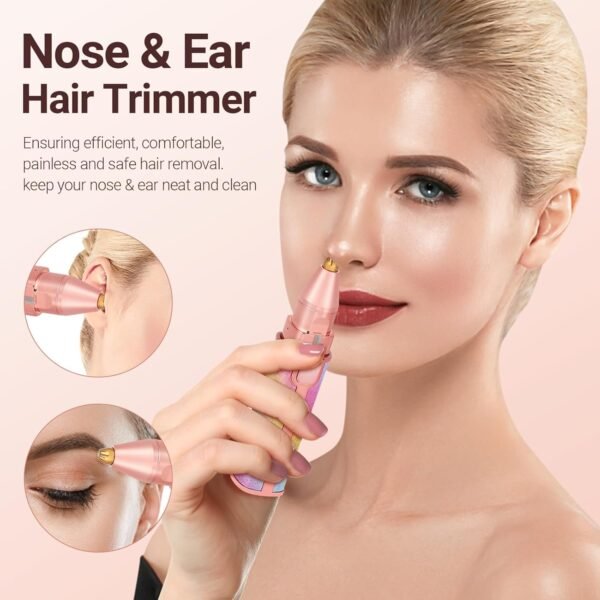 Facial Hair Removal for Women, Electric 2 in 1 Face Shaver and Eyebrow Trimmer, Ear Wax Removal Tool with Storage Box, Rechargeable Nose Hair Trimmer for Women with Built-in LED Light - Image 4