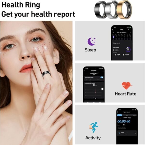 Smart Ring Health Tracker, Sleep&Exercise Monitor Heart Rate,Blood Oxygen,Fitness Trackers for Man&Women -Long Lasting Batteries,Waterproof Sleep Tracking Wearable (Black, 11) - Image 7