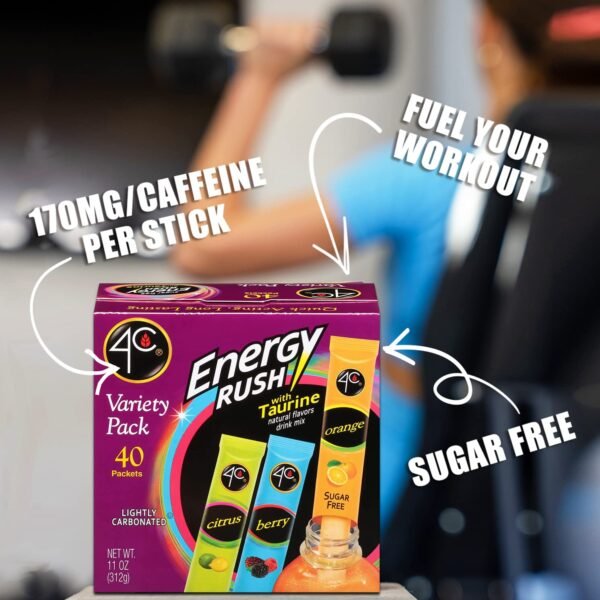 4C Energy Rush Stix, Variety 1 Pack, 40 Count, Single Serve Water Flavoring Packets, Sugar Free with Taurine, On the Go Bundle (20 Berry, 10 Orange, 10 Citrus) - Image 3