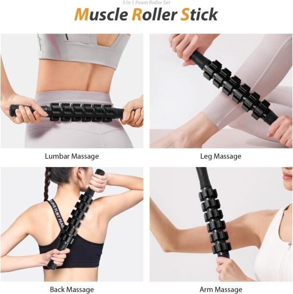 5 in1 Foam Roller Set, Trigger Point Foam Rollers, Massage Roller Stick, Massage Ball, Resistance Band for Deep Muscle Massage Pilates Yoga,Fitness Exercise for Whole Body (Black-Red) - Image 5
