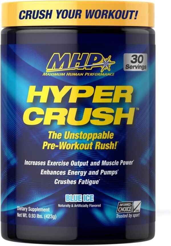 Maximum Human Performance MHP HYPER CRUSH Pre Workout energy drink creatine beta alanine nitric oxide pump citrulline AKG 30 Servings, Blue Ice, 14.88 Ounce - Image 2