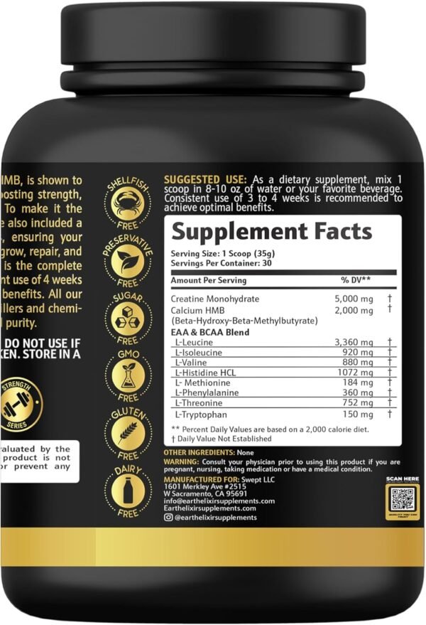 Creatine HMB Supplement w/Essential Amino Acids Powder | EAA & BCAA Mix | Creatine Monohydrate and HMB Powder | EAAS Amino Acids Powder | BCAAS Amino Acids - Image 9