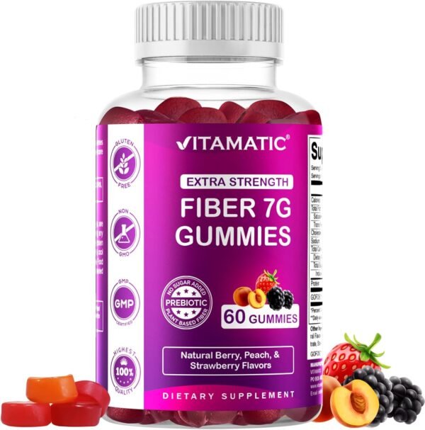 Vitamatic 2 Pack Prebiotic Fiber Gummies for Adults - 7G Fiber Extra Strength - Zero Sugar Added - 60 Pectin Based Gummies - Digestive Health & Regularity Support, (Total 120 Count) - Image 8