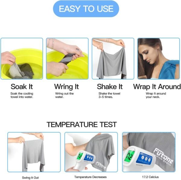 Futone Cooling Towel, Gym Towels, Workout Towels, Cooling Neck Wrap Scarf, Compact Sports Towels for Men Women, Cooling Face Mask Cover, 40" x 12," 4 PCS (Red, Blue, Yellow, Gray) - Image 6