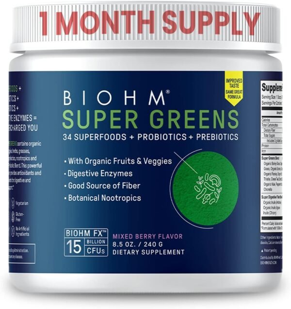 BIOHM Super Greens, Green Superfood Powder (8.5 Oz, 30 Servings) Antioxidant Veggie Powder & Smoothie Mix, 34 Superfoods & Spirulina, Digestive Enzymes, Prebiotics and Probiotics, Mixed Berry Flavor - Image 2