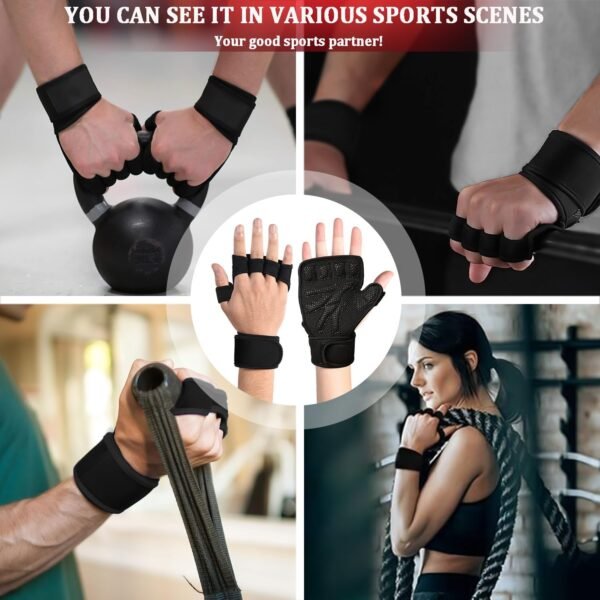 Workout Gloves for Men and Women, Weight Lifting Gloves with Wrist Wrap Support Adjustable Fingerless Gym Gloves for Training Cycling Exercise Pull ups Hand Support - Image 7