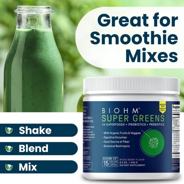 BIOHM Super Greens, Green Superfood Powder (8.5 Oz, 30 Servings) Antioxidant Veggie Powder & Smoothie Mix, 34 Superfoods & Spirulina, Digestive Enzymes, Prebiotics and Probiotics, Mixed Berry Flavor - Image 7