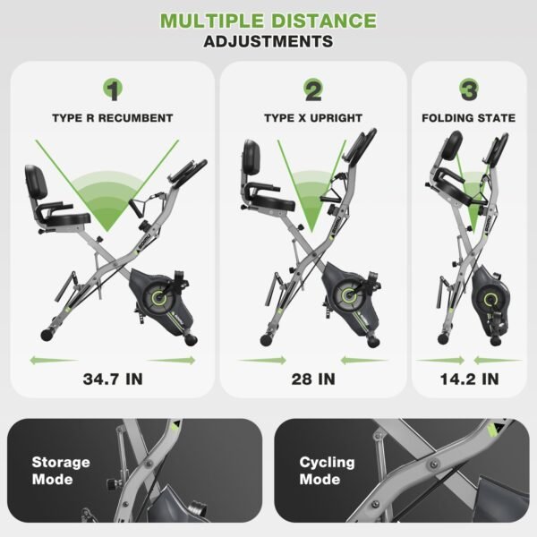 Exercise Bike, 5 in 1 Foldable Stationary Bike for Seniors, 8-Level Adjustable Magentic Resistance, Indoor Recumbent Bike with 330LB Capacity, Comfortable Seat Backrest - Image 7