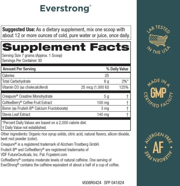 Purity Products EverStrong Powder from Muscle Matrix Blend - Creapure Creatine - Boron (FruiteX-B PhytoBoron) - CoffeeBerry Extract - Boosted with 1000 IU Vitamin D - Berry Burst (210 g) - Image 3