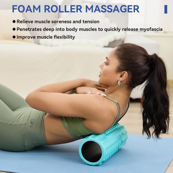 5 in 1 Foam Roller Set - Massage Roller & Stick, Ball, Resistance Band for Deep Tissue Massage (Green) - Image 3