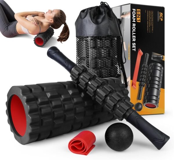 5 in1 Foam Roller Set, Trigger Point Foam Rollers, Massage Roller Stick, Massage Ball, Resistance Band for Deep Muscle Massage Pilates Yoga,Fitness Exercise for Whole Body (Black-Red) - Image 2