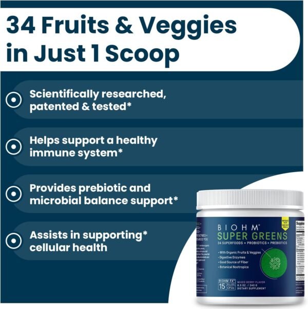 BIOHM Super Greens, Green Superfood Powder (8.5 Oz, 30 Servings) Antioxidant Veggie Powder & Smoothie Mix, 34 Superfoods & Spirulina, Digestive Enzymes, Prebiotics and Probiotics, Mixed Berry Flavor - Image 4