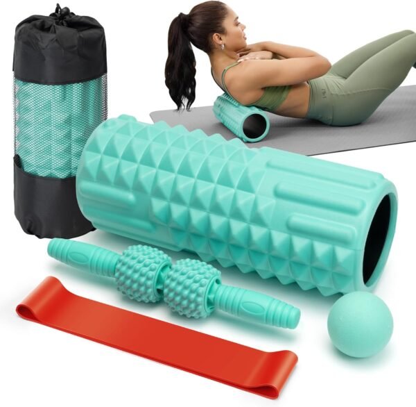 5 in 1 Foam Roller Set - Massage Roller & Stick, Ball, Resistance Band for Deep Tissue Massage (Green) - Image 2