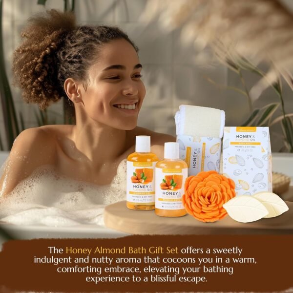 Bath Spa Gift Basket, Bath & Body Gift Set for Women & Men, Includes Shower Gel, Bubble Bath, Bath Salt, Bath Sponge, Spa Gift Box for Mother's Day, Birthday, Wedding, Honey & Almond 8pcs - Image 5