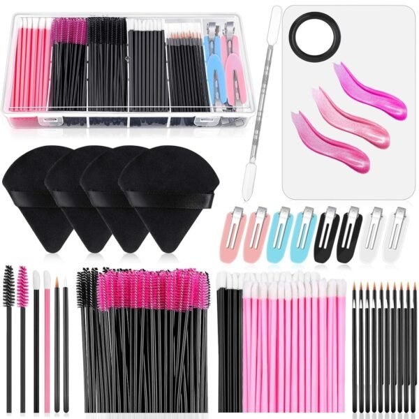 Disposable Makeup Applicators Kit with Triangle Puff Mixing Palette, Artist Supplies Disposable Mascara Wands, Lip Brushes, Hair Clips Powder Puffs for Face with Storage Box - Image 2