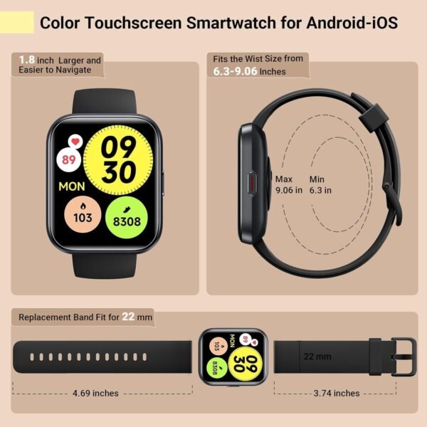 Smartwatch for Women/Men, Compatible with Android & iPhone, 1.8'' Fitness Tracker Watch with Alexa, Call & Notification Alerts, Heart Rate & Sleep Monitor, 120 Sports Modes, Waterproof Smart Watch - Image 9